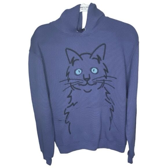 Marushka Wms Sz Sm Two Tone Blue Black  Striped Bright Eye Cat Hoodie Sweatshirt - Picture 1 of 6